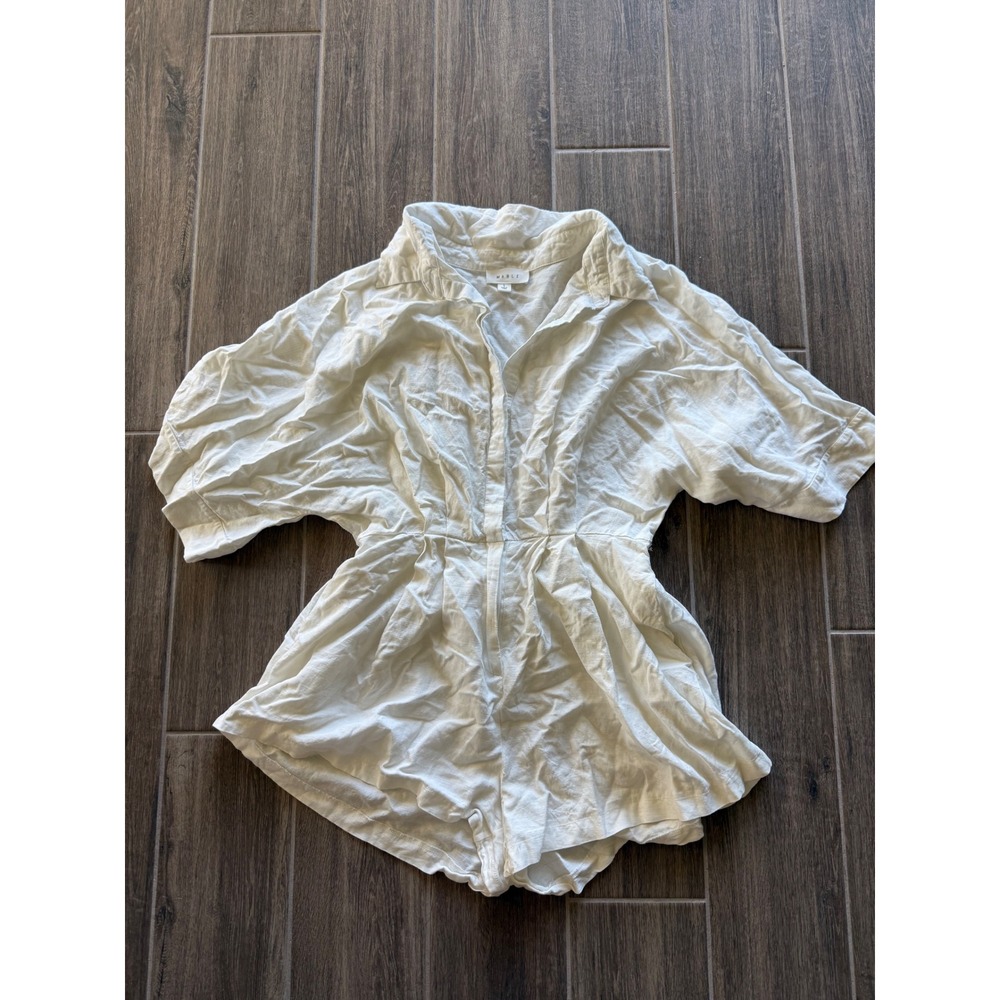 Mable Linen Blend Collared Button Up Short Romper White‎ Size L
